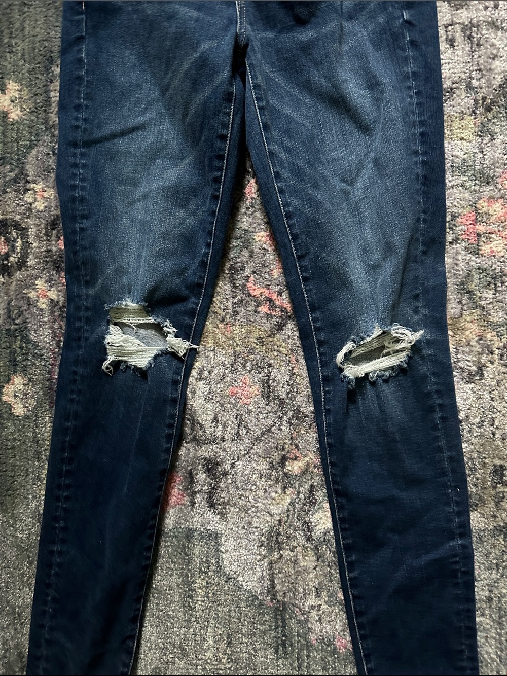 American Eagle Outfitters Luxe Stretch High Rise Jeggings Dark Blue Ripped Knees - Picture 6 of 8